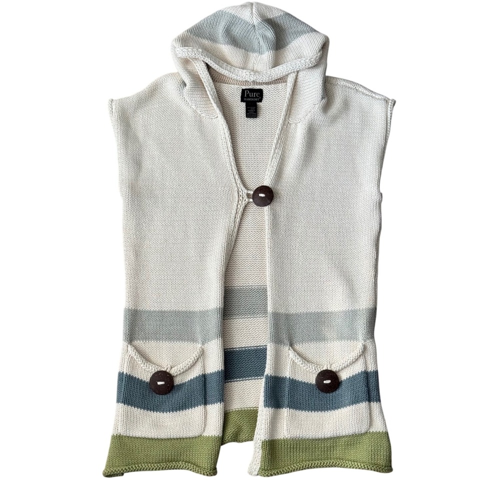 Pure Handknit Long Vest Women M/L Cream Knit 100% Cotton Hooded Coastal Grandma